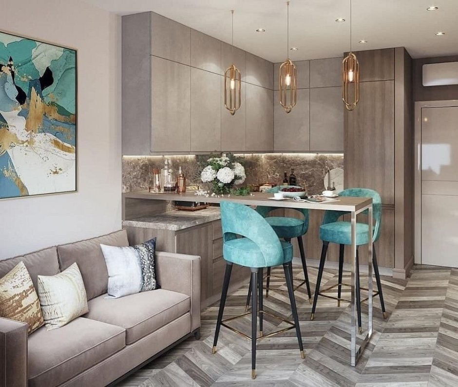 Серо бежевая кухня гостиная