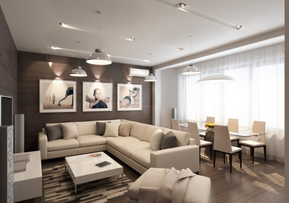 Кухня гостиная в бежевых тонах