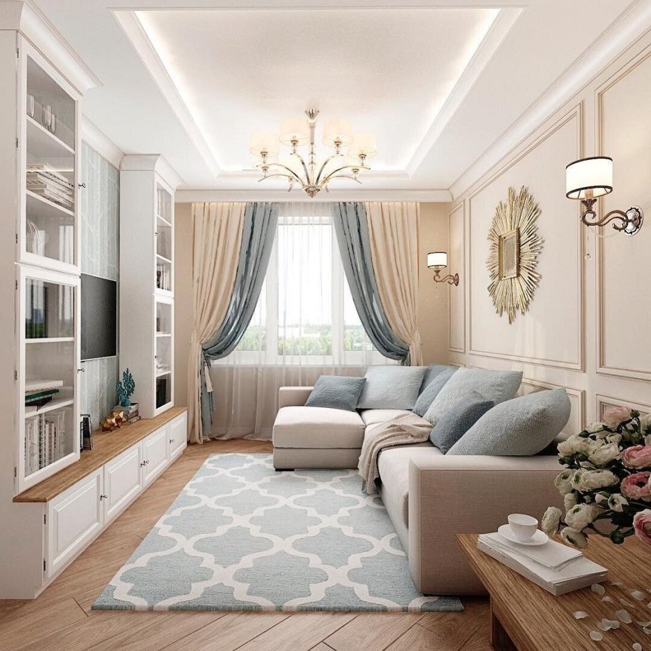 Интерьер квадратной гостиной-с 15м2