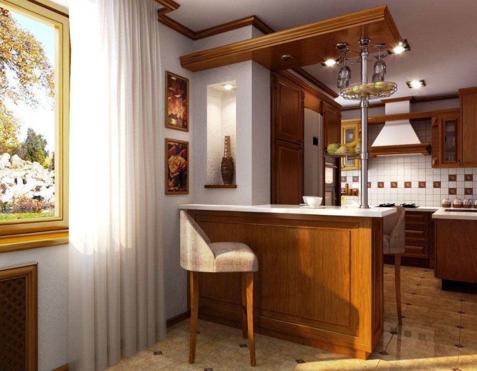 Кухня студия с барной стойкой
