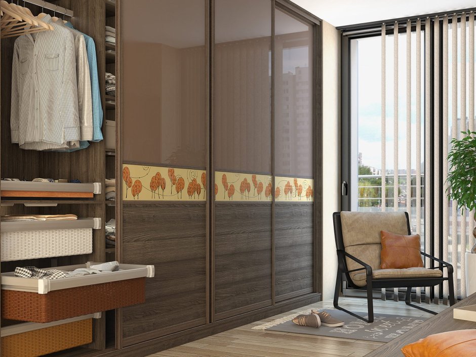 Шкаф купе со стеклом трюфель в интерьере