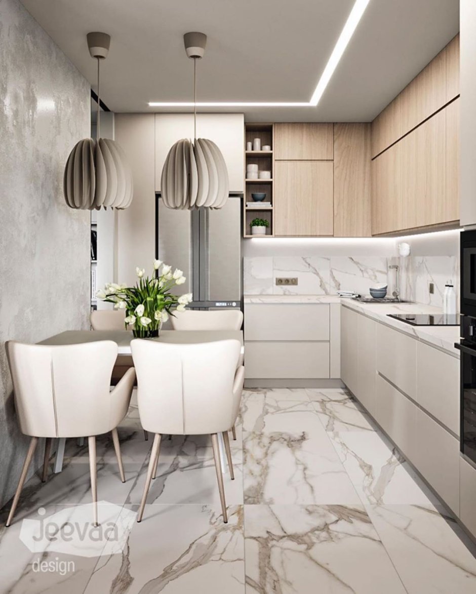 Дизайн кухни с мраморным холодильником бежевый и серый