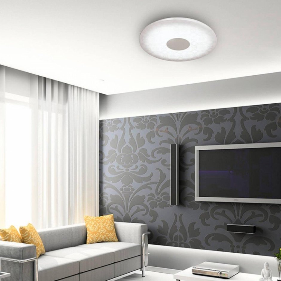 Интерьер зала с серыми обоями