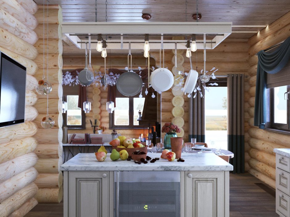 Серая кухня в деревянном доме