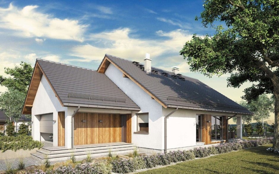 Одноэтажный дом с двускатной крышей