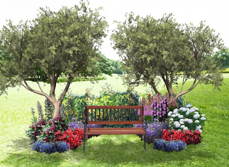 Композиция со скамейкой в саду