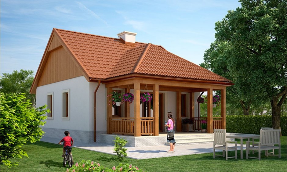 Баня с вальмовой крышей и террасой