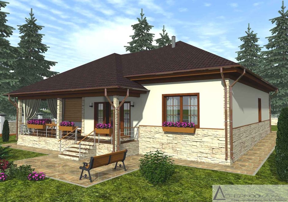 Одноэтажный белый дом с четырехскатной крышей