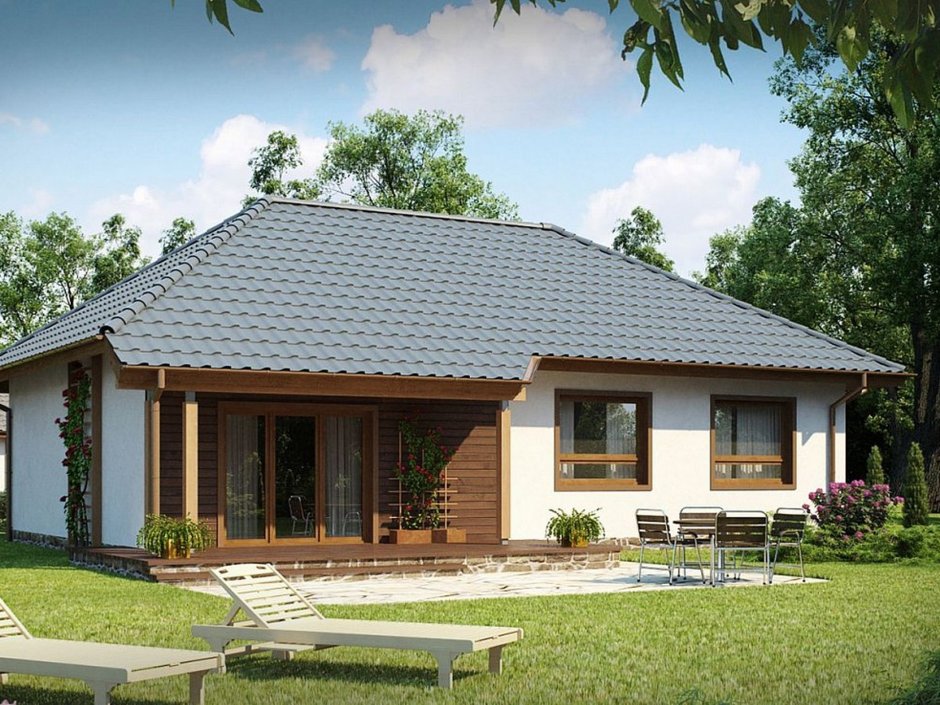 Одноэтажный дом с двускатной крышей и верандой