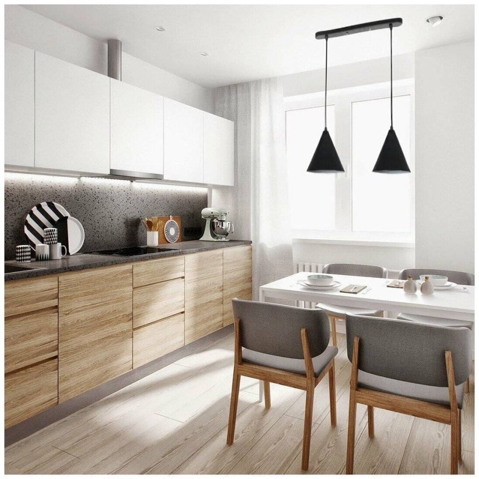 Кухни в сером цвете с деревом