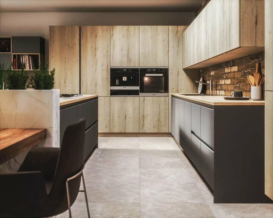 Кухня серая с деревом