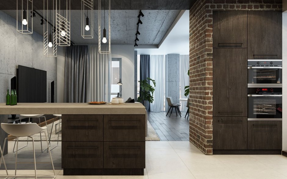 Кухня бетон и дерево интерьер