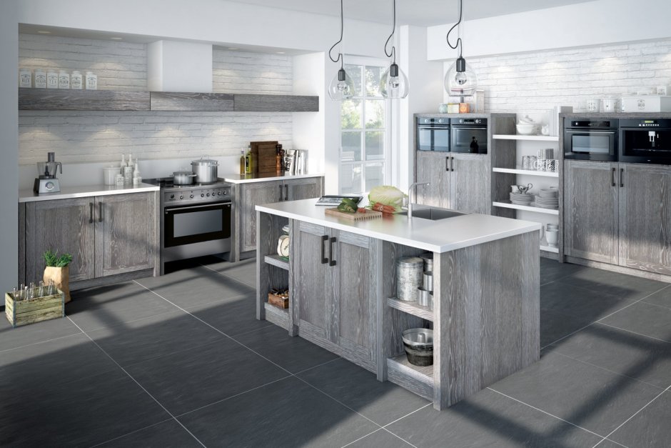 Кухни в сером цвете с деревом