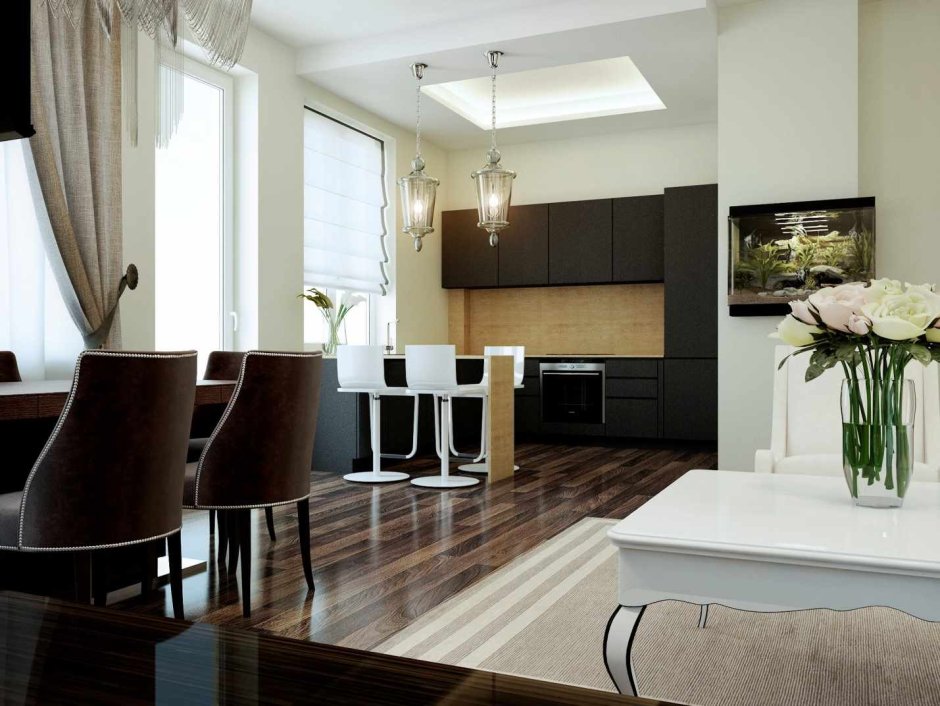 Кухня гостиная с темным полом