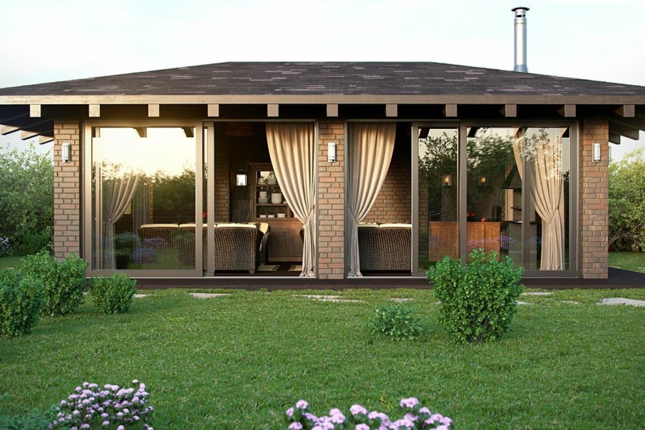 Кирпичная беседка 6х8 застеклённая