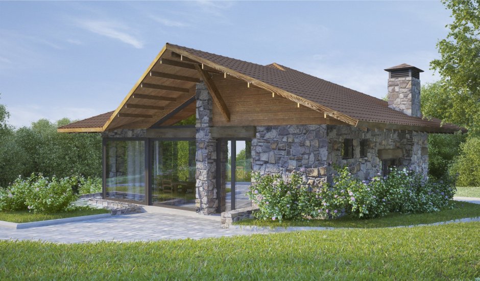 Крытая беседка застекленная с мангалом и барбекю 4х6