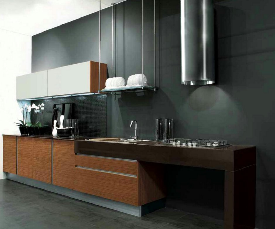 Угловая кухня с цилиндрической вытяжкой