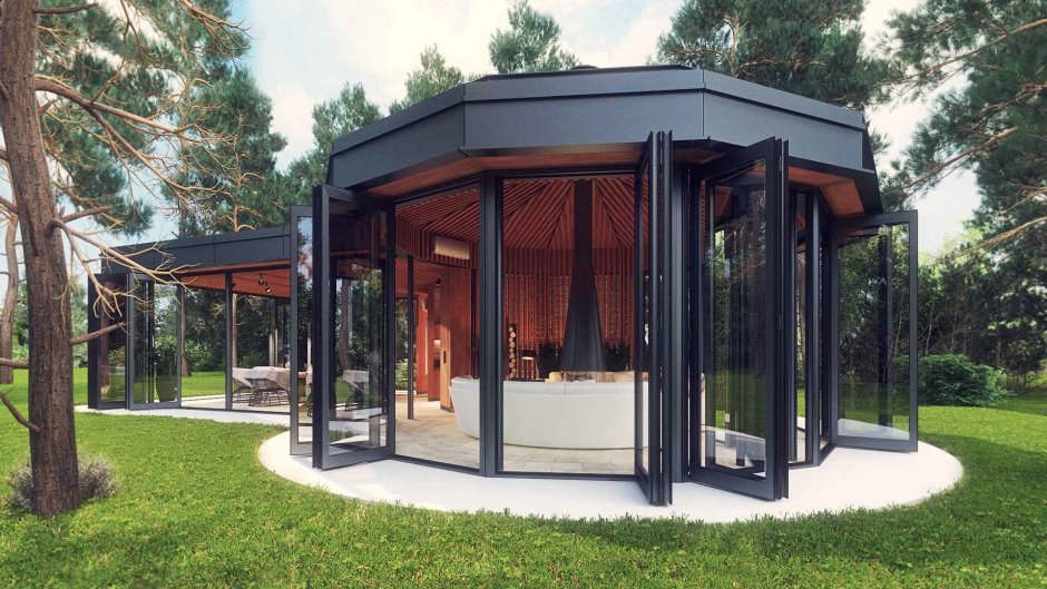 Кирпичная односкатная застекленная беседка