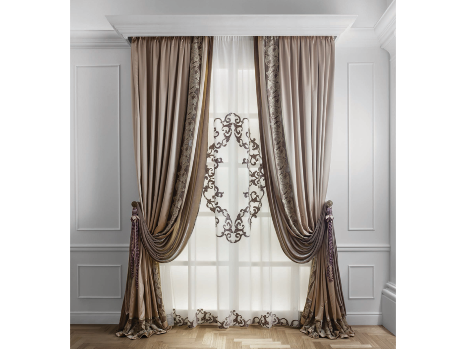 Шторы из атласа и тюль с рисунком