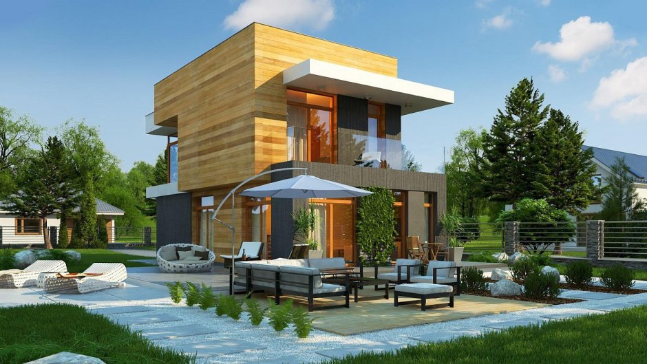 Дом с плоской крышей и верандой