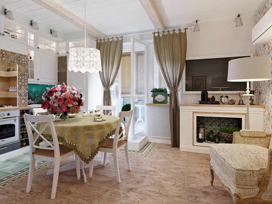 Кухня-гостиная в доме с выходом на террасу