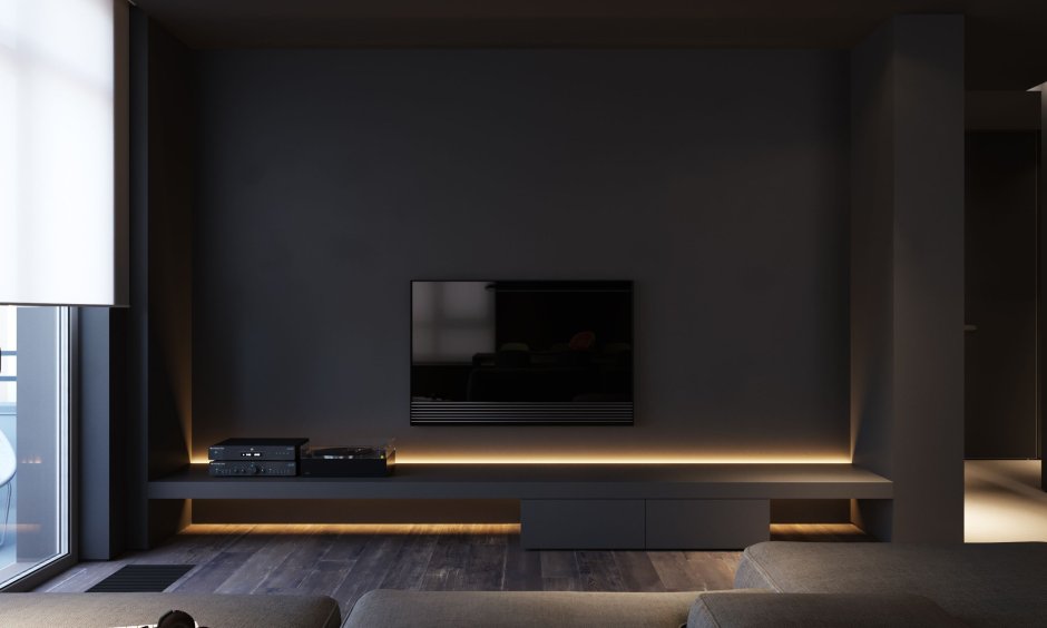 Телевизор на черном фоне в интерьере