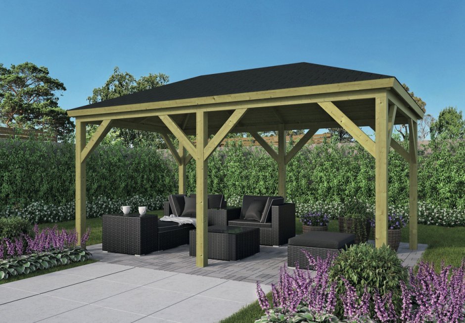 Патио с четырехскатной крышей