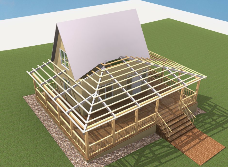 Вальмовая крыша с пристройкой