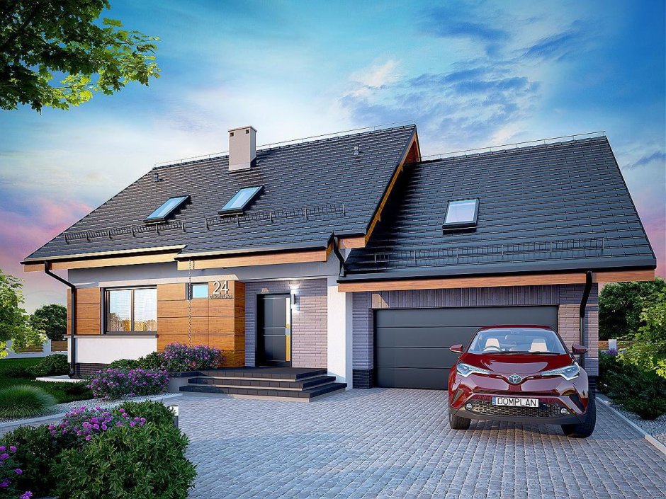 Дом с двухскатной крышей и гаражом