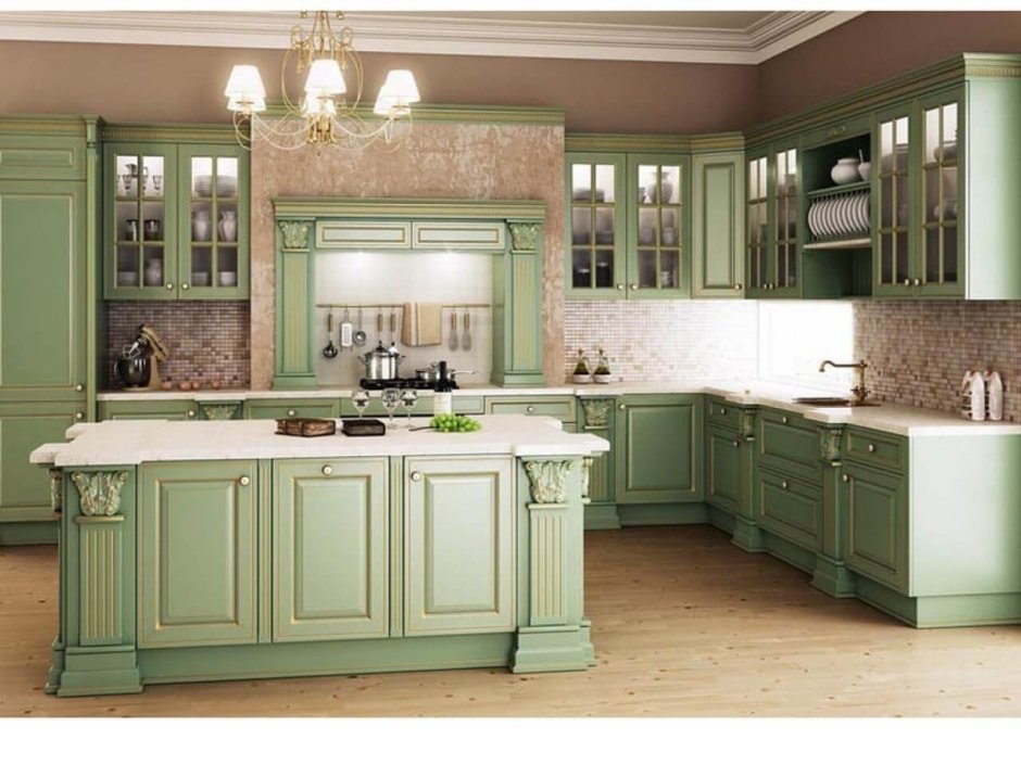 Кухня в стиле Прованс фисташкового цвета