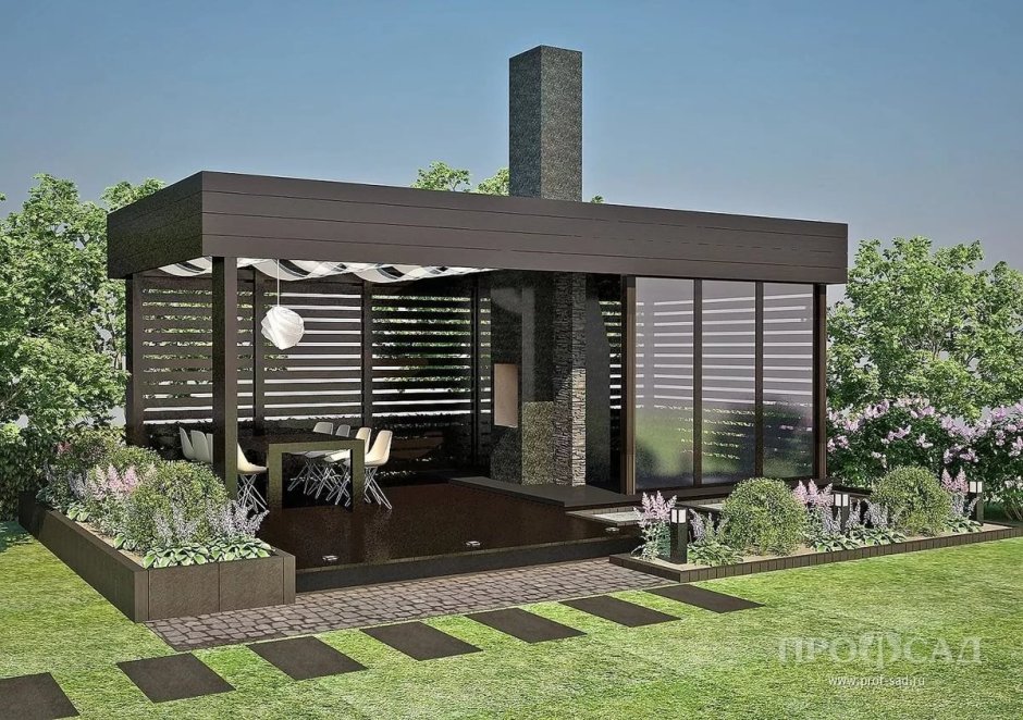 Летняя кухня с односкатной крышей