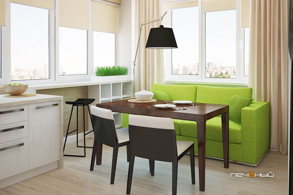 Зеленый диван на кухне