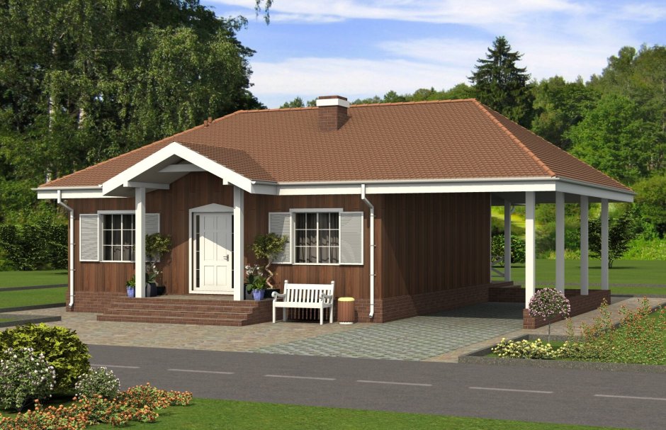 Одноэтажный дом с навесом для машины