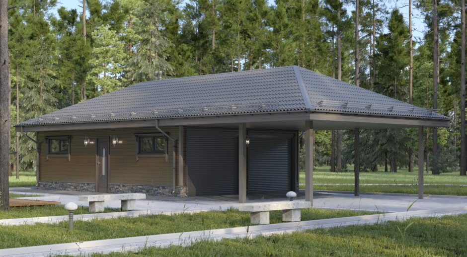 Гараж с вальмовой крышей и навесом