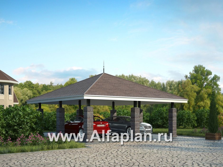 Навес для автомобиля с четырехскатной крышей