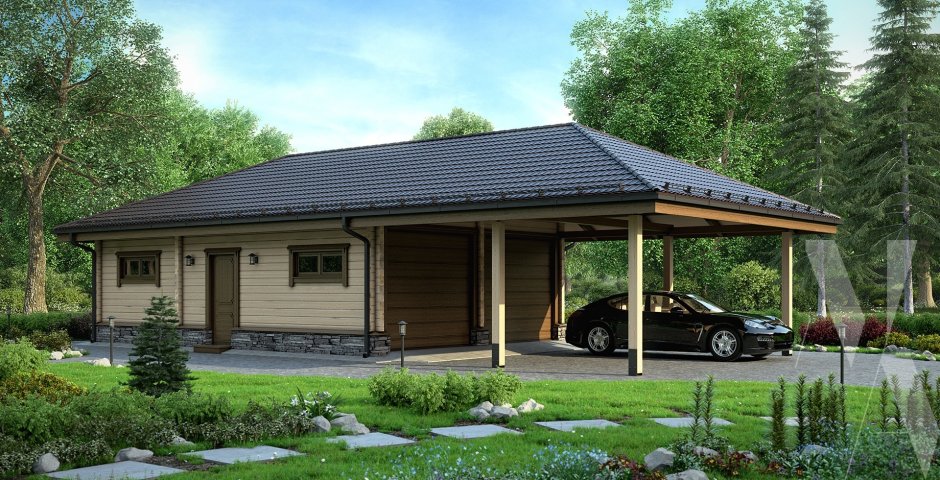 Дом с четырехскатной крышей и навесом для машины