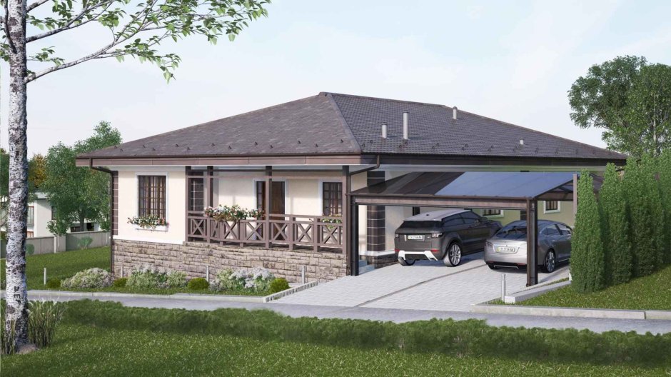 Одноэтажный дом с навесом для машины