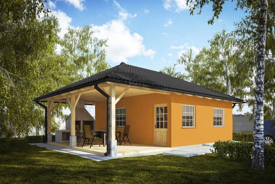 Баня с вальмовой крышей и террасой