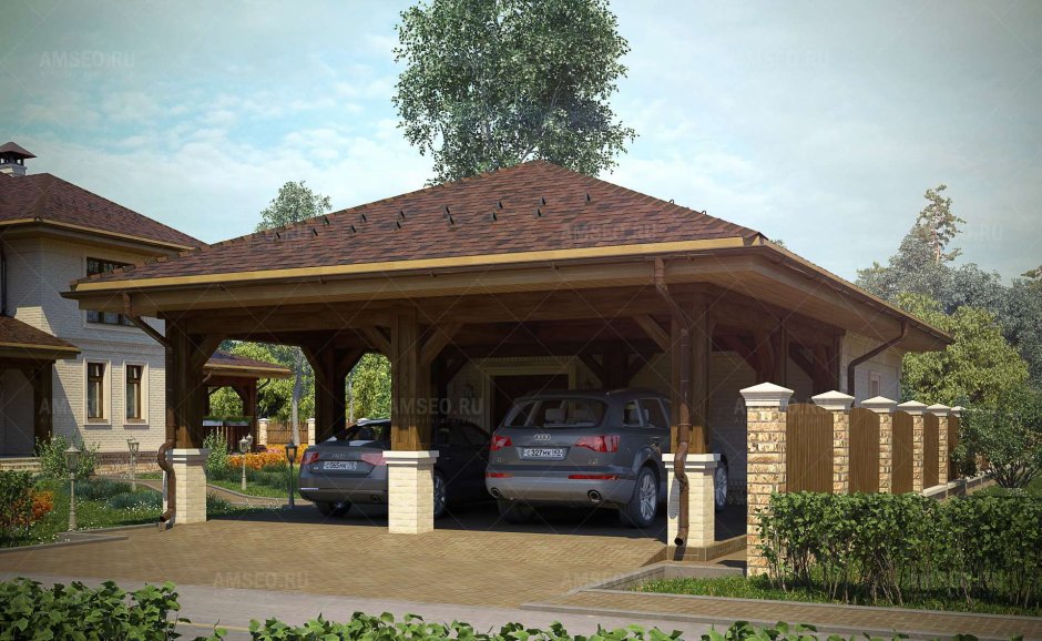 Навес для авто с кирпичными столбами