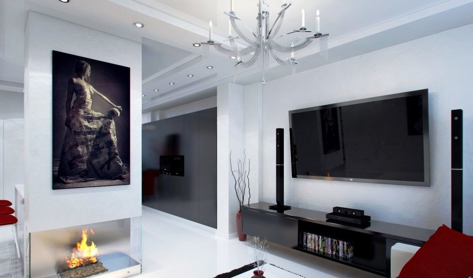 Телевизор на черном фоне в интерьере