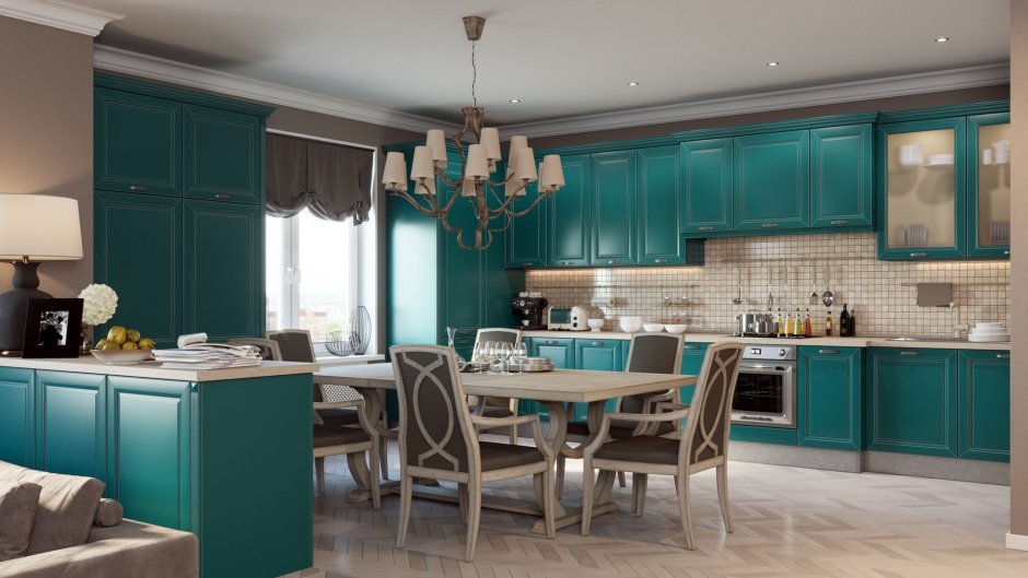 Кухня студия в пастельных тонах