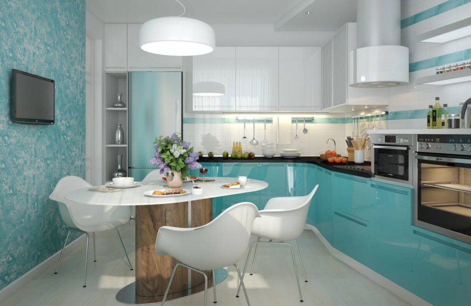 Кухня в бело бирюзовых тонах