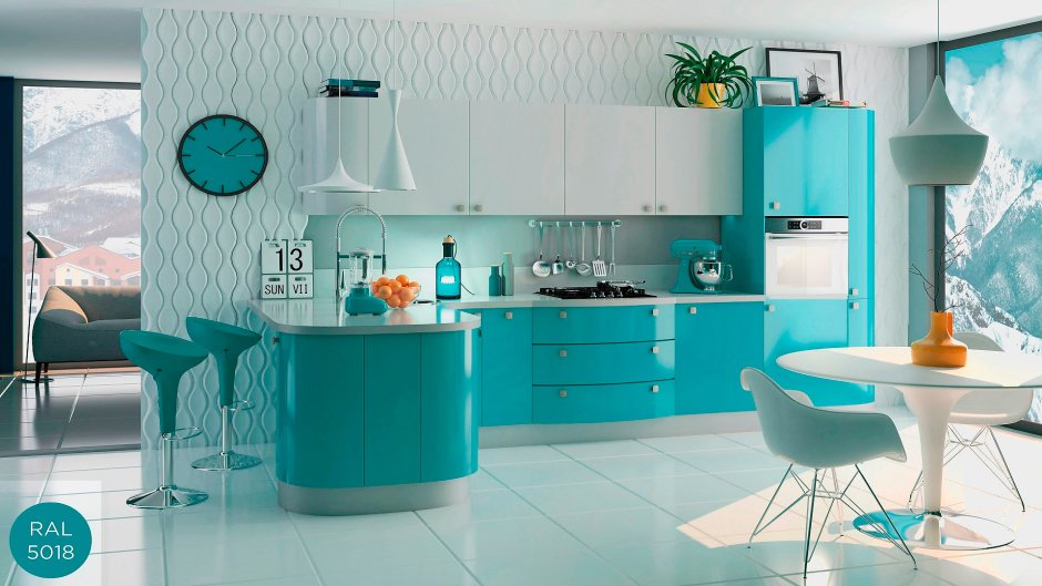 Серая кухня с бирюзовыми акцентами