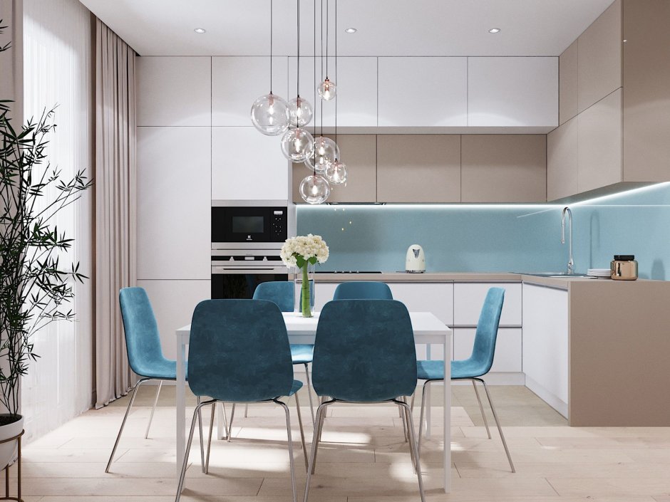 Бирюзовые шторы на кухне