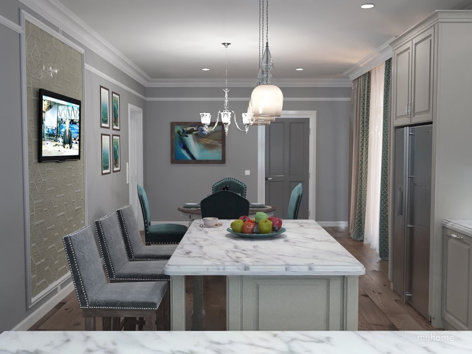 Серая с мятным кухня гостиная