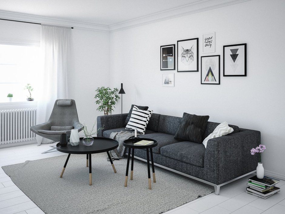 Серые обои в интерьере гостиной