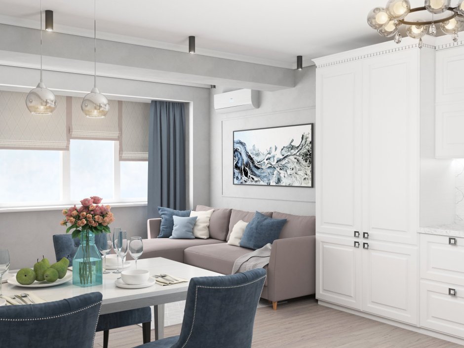 Кухня гостиная в серо голубых тонах