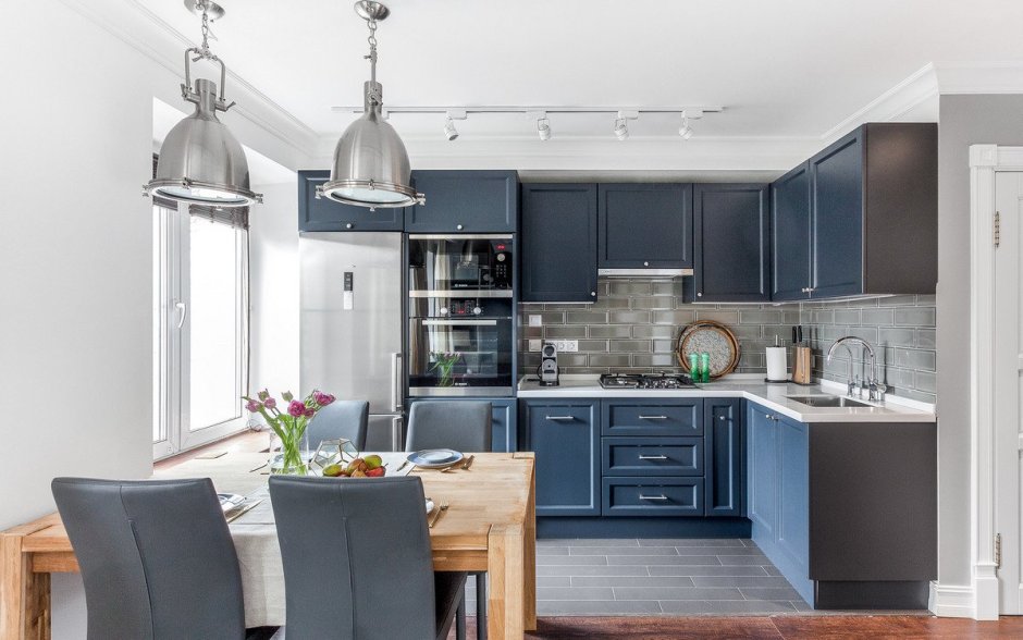 Кухня гостиная в серо синих тонах