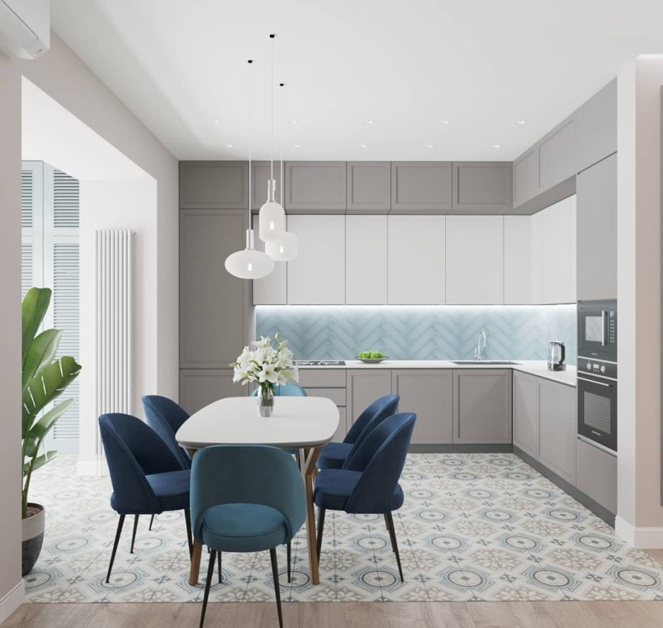 Кухня гостиная в голубых тонах