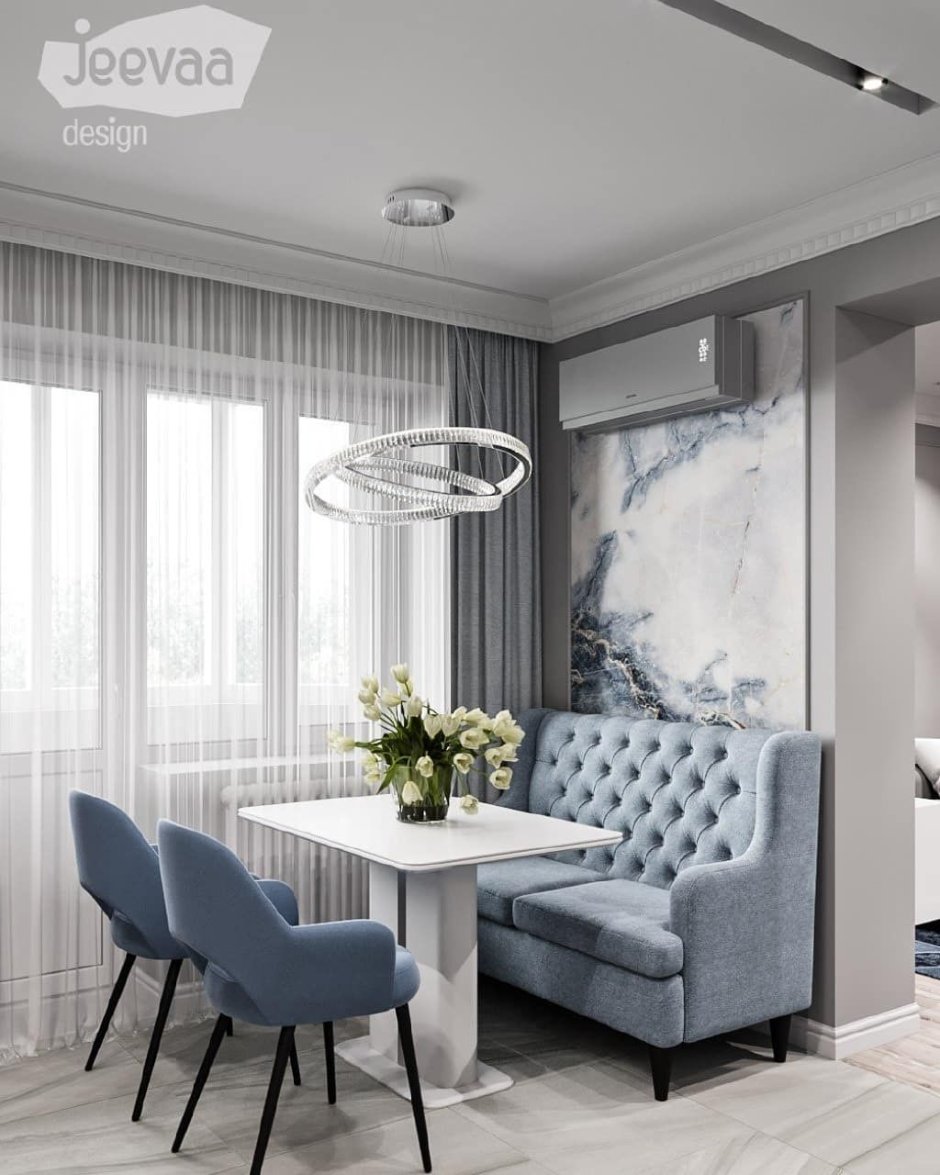 Интерьер кухни-гостиной в квартире 20 кв в серо-синих тонах